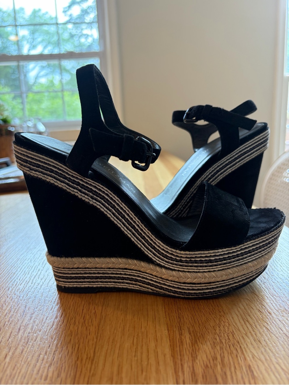 Stuart Weitzman Black Suede Wedge Espadrilles with Striped Jute Platform